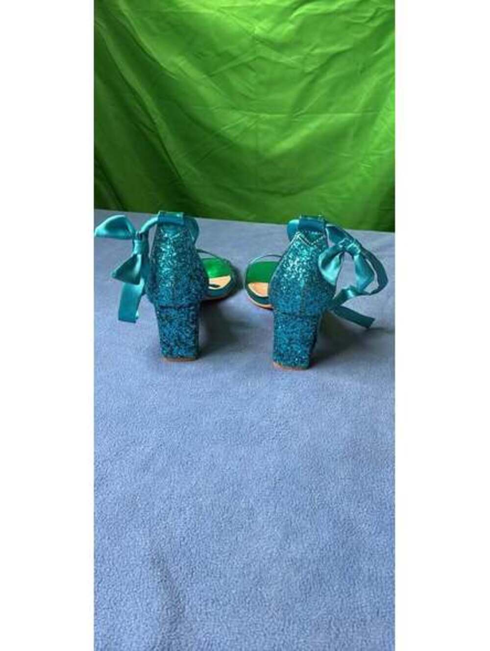 Teal Blue Glitter Block Heel Ribbon Formal Size 9